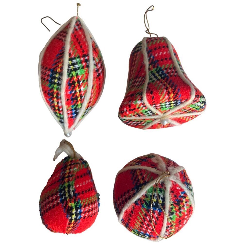 Vintage Red Plaid Fabric Christmas Ornaments Set Of 4 Bell Ball Large - Picture 8 of 8